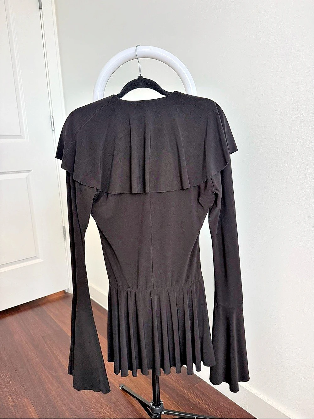 Norma Kamali Deep V-Neck Ruffle Black Dress Mini Dress — image 3 of 7